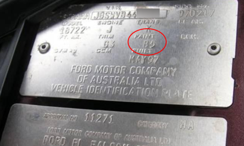 1997 EL Falcon GT paint code location vin plate.png