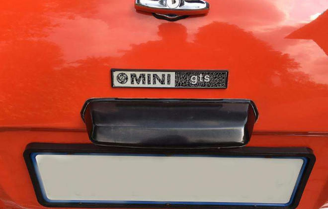1979 Leyland Mini GTS South Africa trunk badge GTS (4).png
