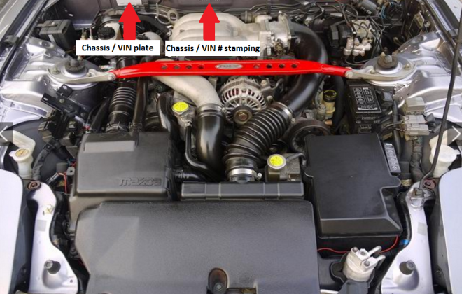 Engine bay Mazda RX-7 Spirit R chassis and engine number locations.png