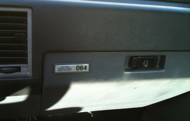 Nissan Skyline R31 GTS1 Silhouette Australia build number badge on glove box.png