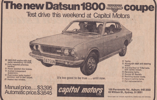 Original Datsun 180B advertisement ad newspaper 1970s.png