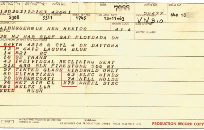 Studebaker Daytona Option Codes production order 1964.png