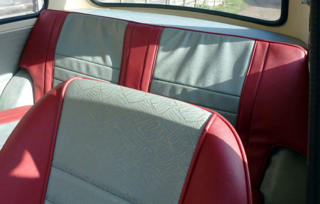 Tartan Red and Gold Brocade Grey seat trim MK1 Cooper S close up.png